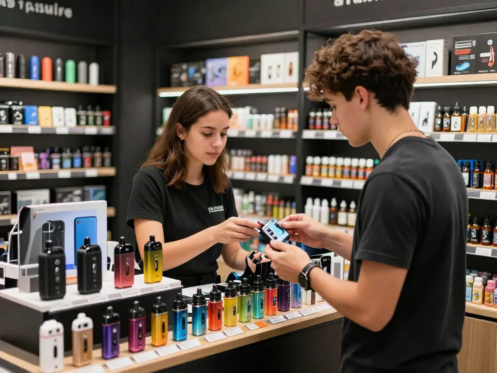 Vape shop assistant discussing what age can you buy a vape in the uk with a customer, showcasing various vape kits and e-liquids.
