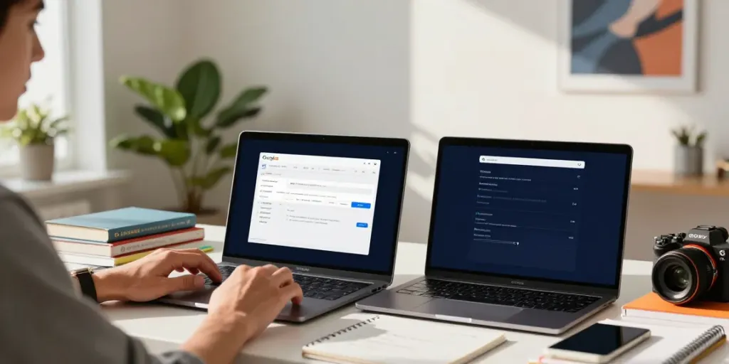 Professional workspace showcasing instant indexing on laptop with SEO elements.