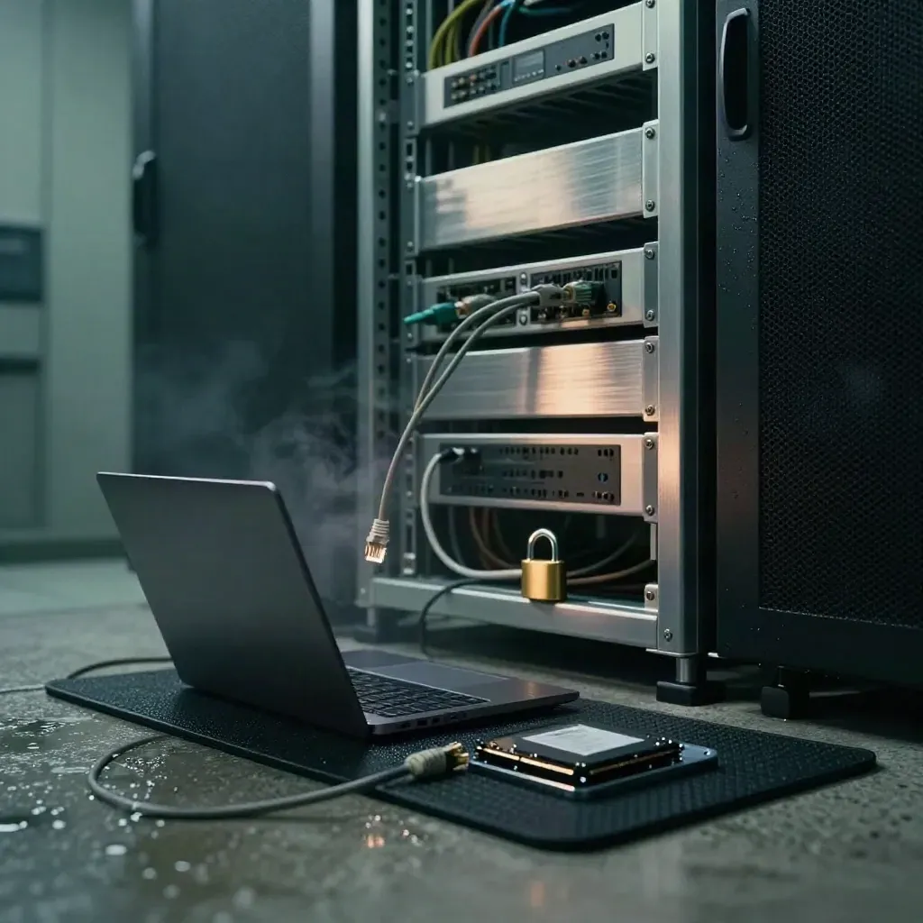 Server rack, laptop, severed cable, padlock and SSD in a moody pre-dawn breach-response scene.
