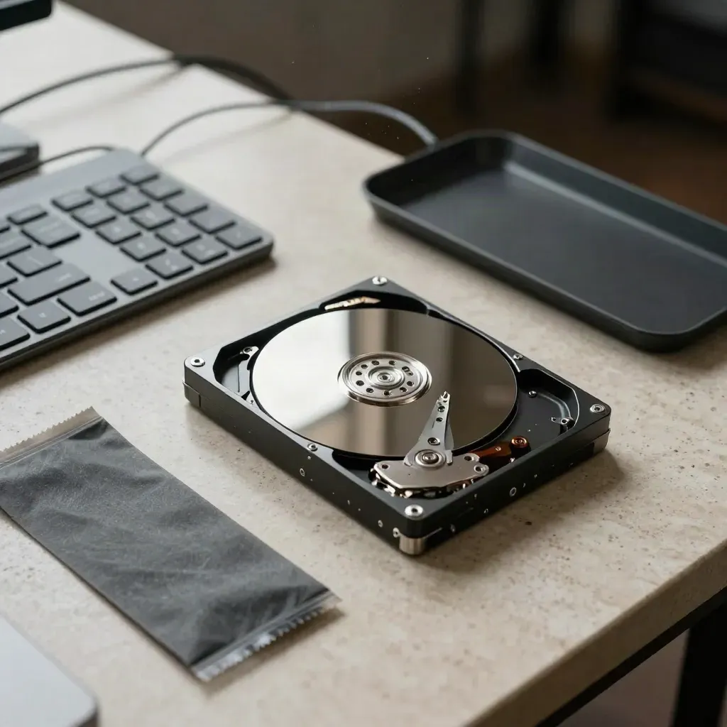 Repair bench with wiped hard drive, keyboard, and sealed anti-static sleeves in drifting dust.