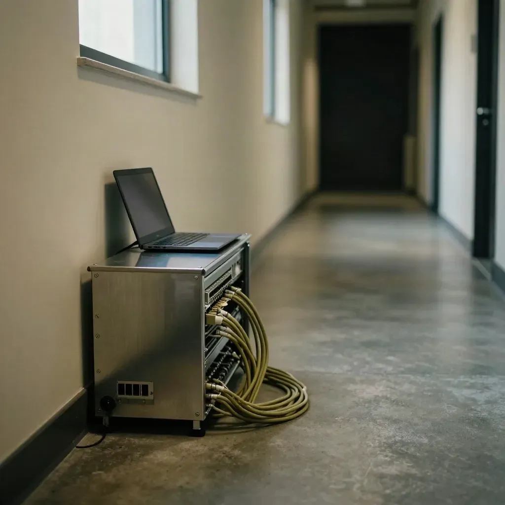 Floor-level corridor scene with patch panel, cables and closed laptop in soft window light.