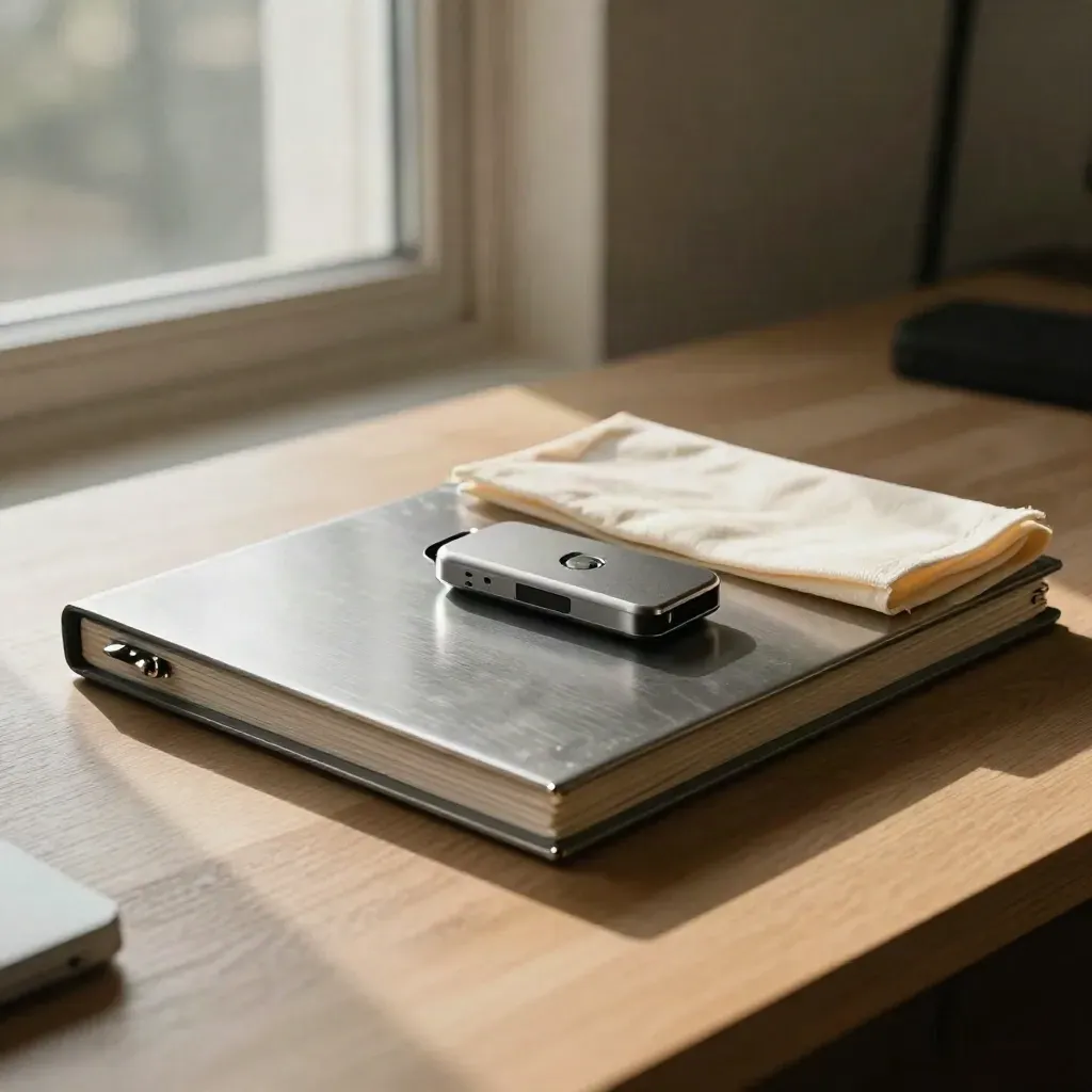 Sealed incident folder, spare drive, and folded cloth on a sunlit desk by a window.