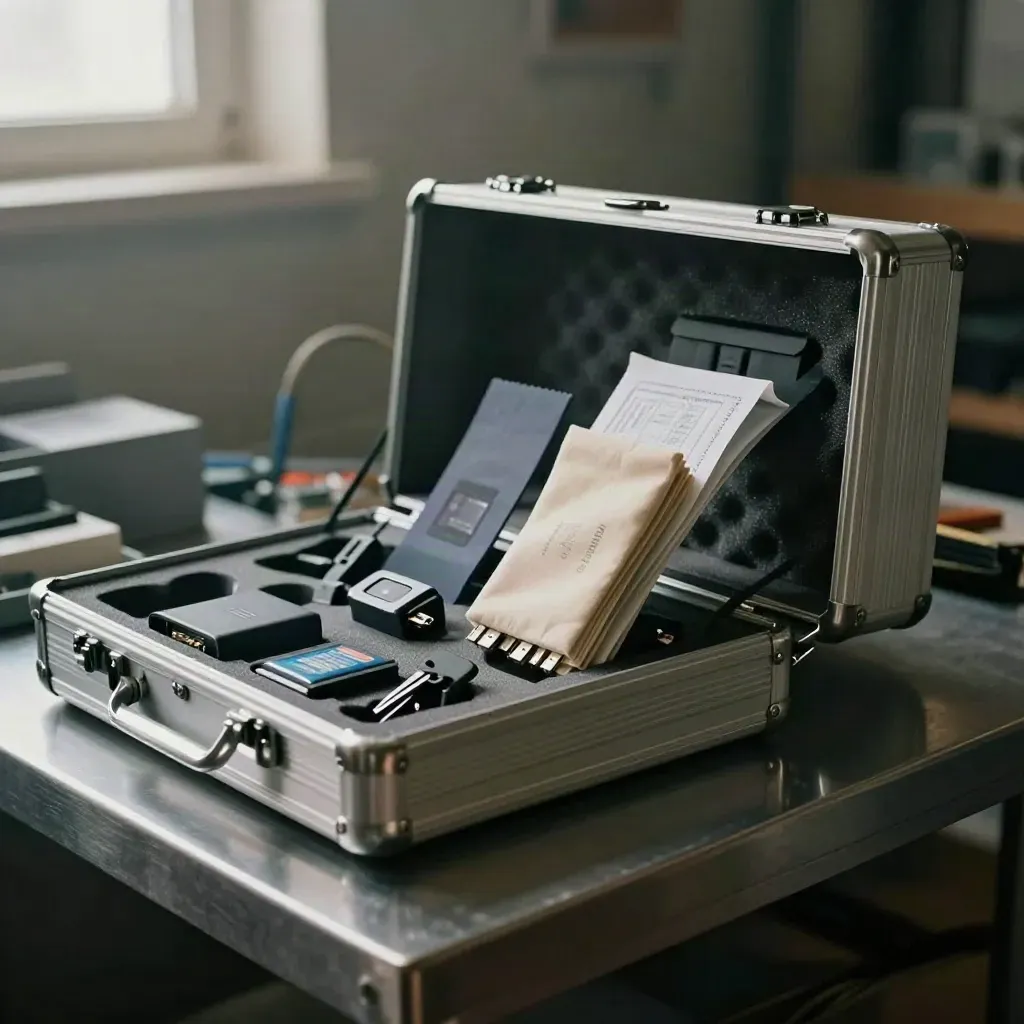 Open storage case with backup drives and patch media on a workshop table, mid-stage.