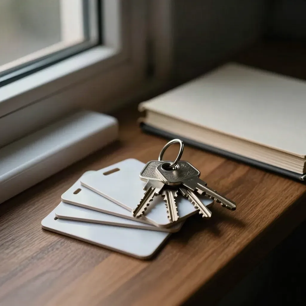 Scuffed access cards, a hardware key, and a shut notebook on a walnut shelf in cool evening light.