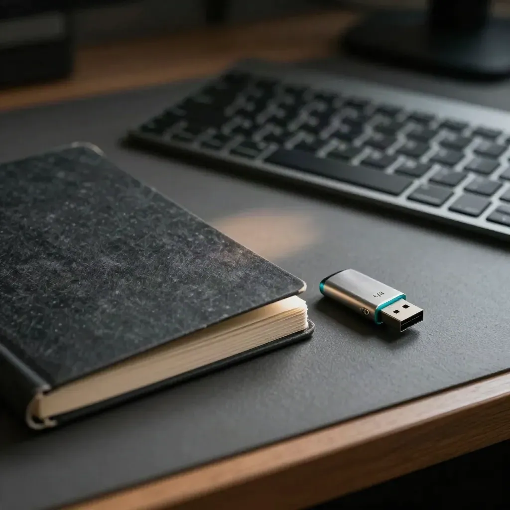 Face-down code notebook, keyboard and USB key on a graphite workbench with cyan rim light