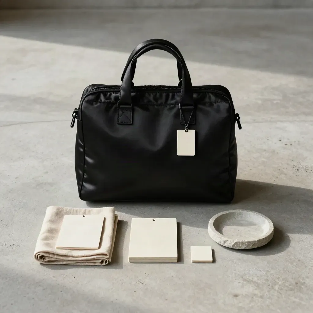 Top-down flatlay of a satin-black checkout token, app tiles, cloth, and stone dish on pale concrete.