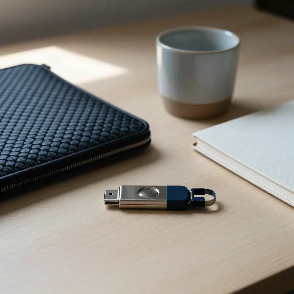 Thumb drive, laptop sleeve, cup and notebook on pale wood in soft side light.