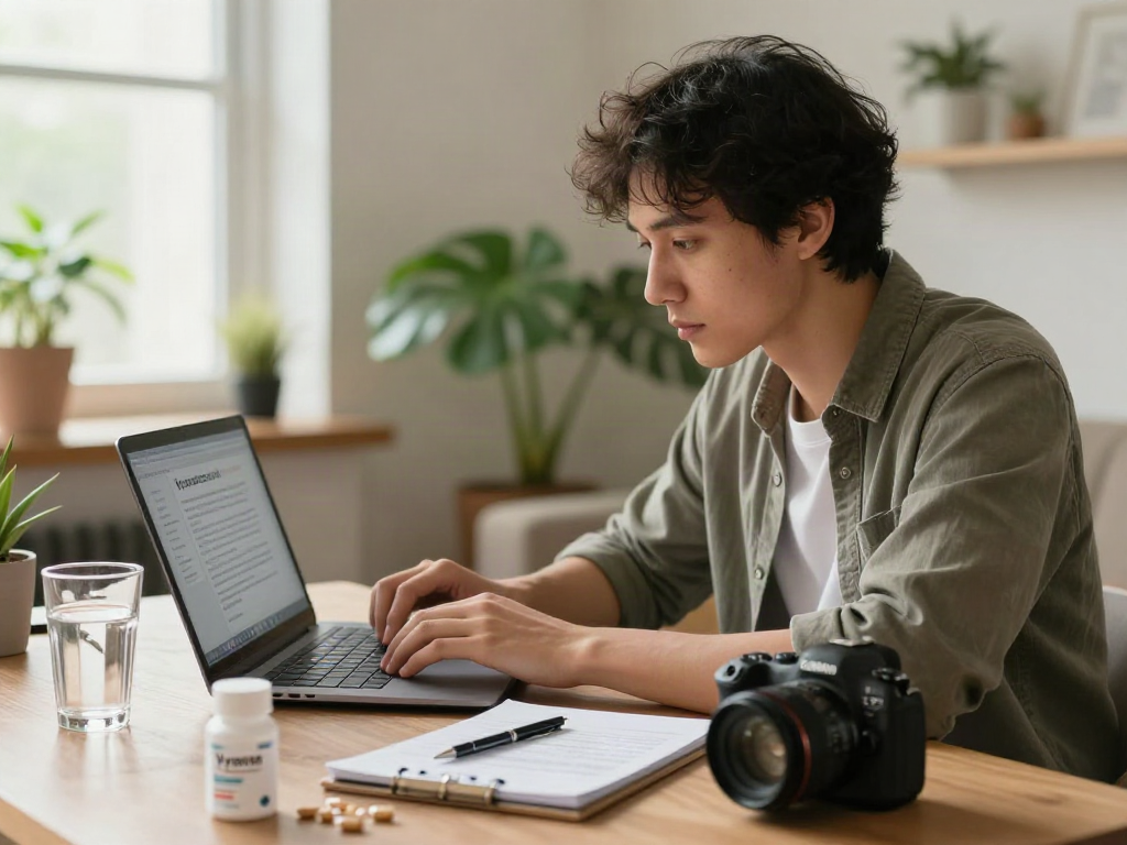Young adult researching how to Buy Vyvanse in a calm home office setting with a laptop and notepad.